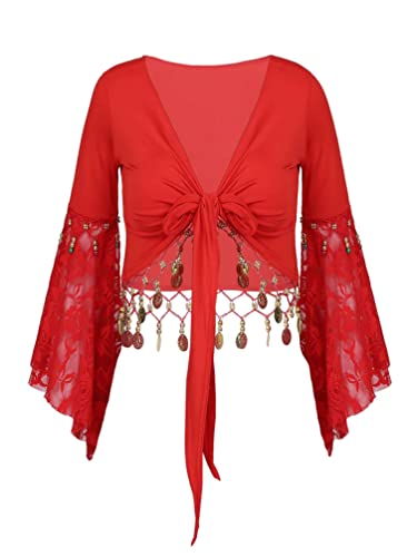 TiaoBug Damen Bauchtanz Kostüm Oberteil Langarm Spitzen Trompetenärmel Jäckchen Binden Top Knoten Shirts Bluse mit Münze Quasten Rot XXL von TiaoBug
