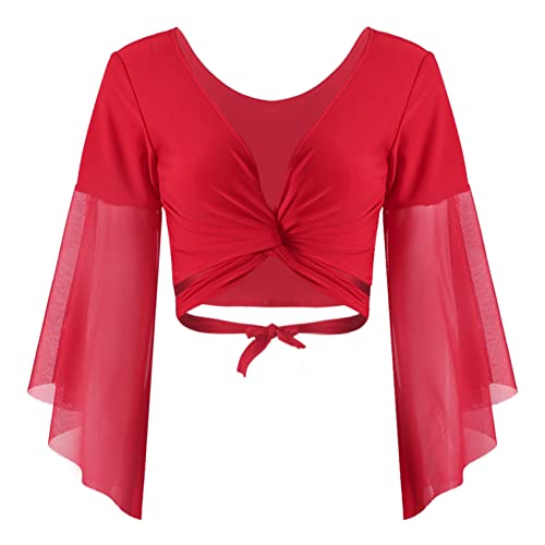 TiaoBug Damen Bauchtanz Kostüm Oberteil Langarm Spitzen Trompetenärmel Jäckchen Binden Top Knoten Shirts Bluse mit Münze Quasten Rot D Einheitsgröße von TiaoBug