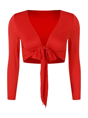 TiaoBug Damen Bauchtanz Kostüm Oberteil Langarm Spitzen Trompetenärmel Jäckchen Binden Top Knoten Shirts Bluse mit Münze Quasten Rot G XL von TiaoBug