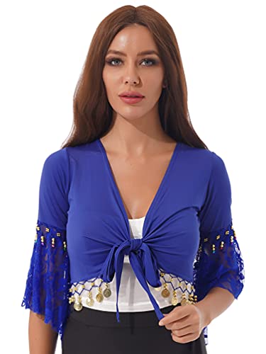 TiaoBug Damen Bauchtanz Kostüm Oberteil Langarm Spitzen Trompetenärmel Jäckchen Binden Top Knoten Shirts Bluse mit Münze Quasten Royal Blau B 3XL von TiaoBug
