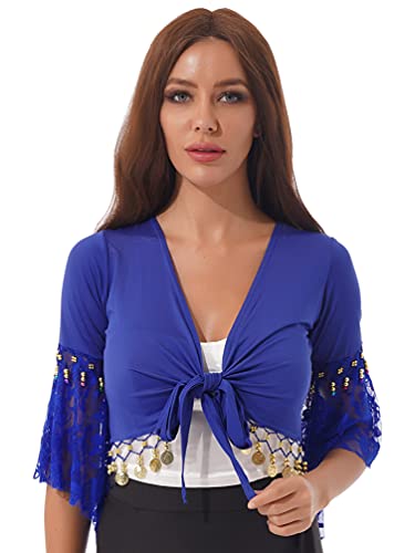 TiaoBug Damen Bauchtanz Kostüm Oberteil Langarm Spitzen Trompetenärmel Jäckchen Binden Top Knoten Shirts Bluse mit Münze Quasten Royal Blau B L von TiaoBug