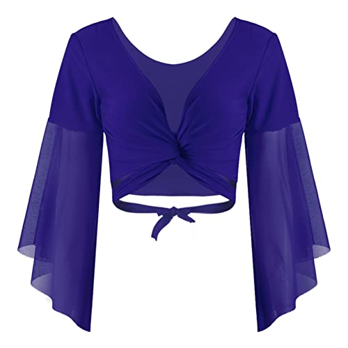 TiaoBug Damen Bauchtanz Kostüm Oberteil Langarm Spitzen Trompetenärmel Jäckchen Binden Top Knoten Shirts Bluse mit Münze Quasten Royal Blau D Einheitsgröße von TiaoBug