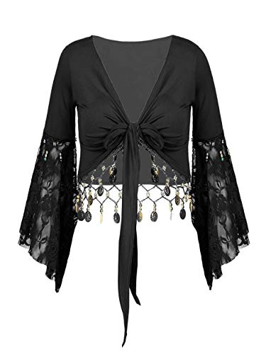 TiaoBug Damen Bauchtanz Kostüm Oberteil Langarm Spitzen Trompetenärmel Jäckchen Binden Top Knoten Shirts Bluse mit Münze Quasten Schwarz 3XL von TiaoBug