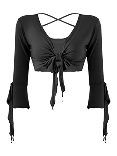 TiaoBug Damen Bauchtanz Kostüm Oberteil Langarm Spitzen Trompetenärmel Jäckchen Binden Top Knoten Shirts Bluse mit Münze Quasten Schwarz E Einheitsgröße von TiaoBug