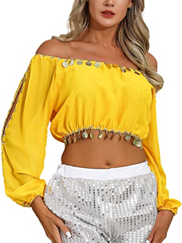 TiaoBug Damen Bauchtanz Kostüm Oberteil mit Münzen Schulterfrei Tunika Shirts Kurz Bauchfrei Crop Top Belly Dance Outfits Gelb Einheitsgröße von TiaoBug