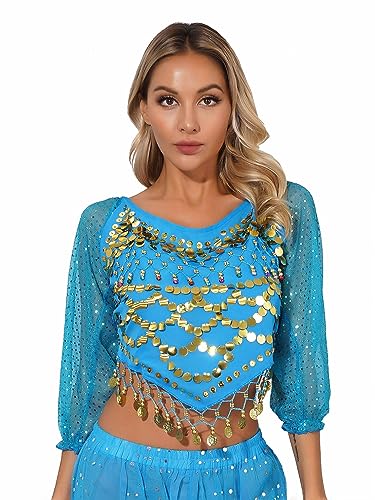 TiaoBug Damen Bauchtanz Kostüm Oberteil mit Münzen Schulterfrei Tunika Shirts Kurz Bauchfrei Crop Top Belly Dance Outfits Himmelblau C Einheitsgröße von TiaoBug