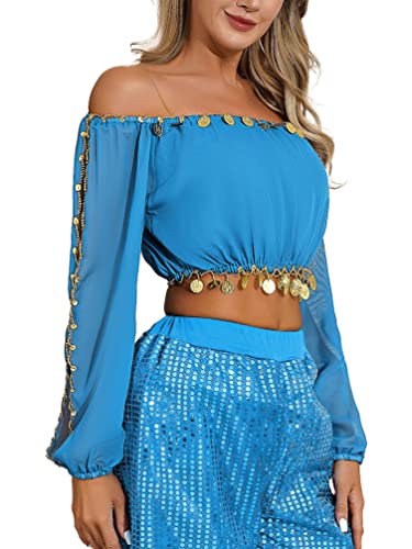 TiaoBug Damen Bauchtanz Kostüm Oberteil mit Münzen Schulterfrei Tunika Shirts Kurz Bauchfrei Crop Top Belly Dance Outfits Himmelblau Einheitsgröße von TiaoBug