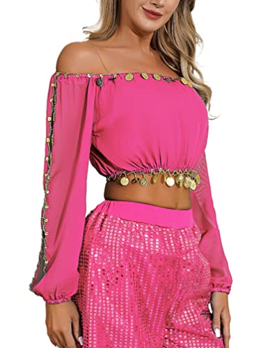 TiaoBug Damen Bauchtanz Kostüm Oberteil mit Münzen Schulterfrei Tunika Shirts Kurz Bauchfrei Crop Top Belly Dance Outfits Hot Pink Einheitsgröße von TiaoBug