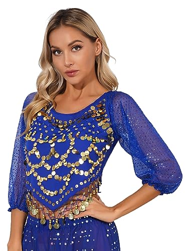 TiaoBug Damen Bauchtanz Kostüm Oberteil mit Münzen Schulterfrei Tunika Shirts Kurz Bauchfrei Crop Top Belly Dance Outfits Königsblau C Einheitsgröße von TiaoBug