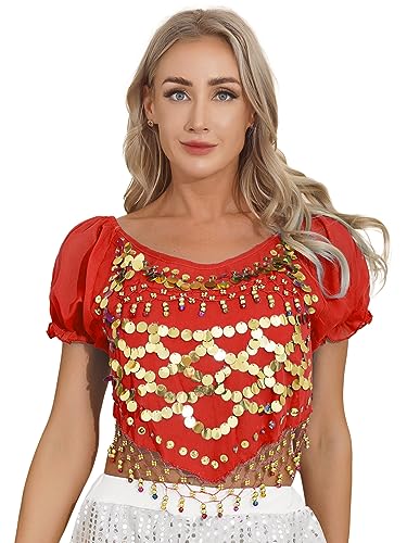 TiaoBug Damen Bauchtanz Kostüm Oberteil mit Münzen Schulterfrei Tunika Shirts Kurz Bauchfrei Crop Top Belly Dance Outfits Rot A Einheitsgröße von TiaoBug