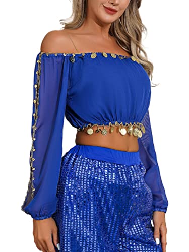 TiaoBug Damen Bauchtanz Kostüm Oberteil mit Münzen Schulterfrei Tunika Shirts Kurz Bauchfrei Crop Top Belly Dance Outfits Royal Blau Einheitsgröße von TiaoBug