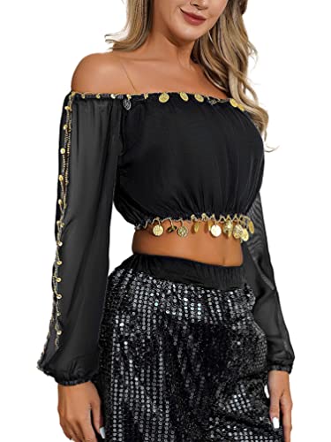 TiaoBug Damen Bauchtanz Kostüm Oberteil mit Münzen Schulterfrei Tunika Shirts Kurz Bauchfrei Crop Top Belly Dance Outfits Schwarz Einheitsgröße von TiaoBug