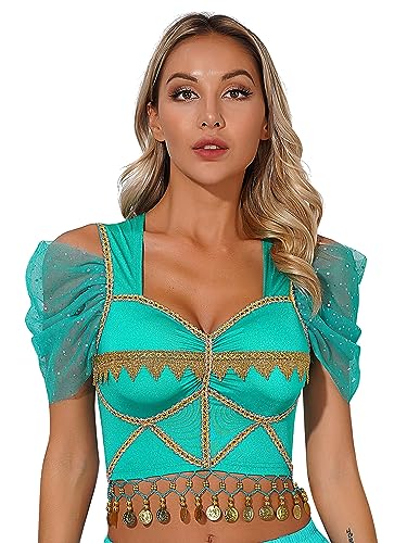 TiaoBug Damen Bauchtanz Kostüm Oberteil mit Münzen Schulterfrei Tunika Shirts Kurz Bauchfrei Crop Top Belly Dance Outfits Türkis B XL von TiaoBug