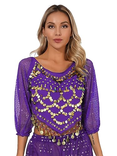 TiaoBug Damen Bauchtanz Kostüm Oberteil mit Münzen Schulterfrei Tunika Shirts Kurz Bauchfrei Crop Top Belly Dance Outfits Violett C Einheitsgröße von TiaoBug