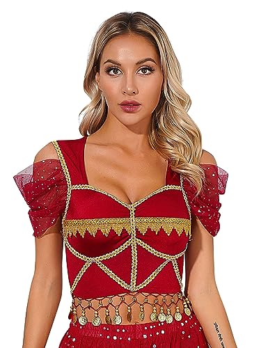 TiaoBug Damen Bauchtanz Kostüm Oberteil mit Münzen Schulterfrei Tunika Shirts Kurz Bauchfrei Crop Top Belly Dance Outfits Weinrot B L von TiaoBug