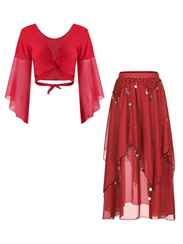 TiaoBug Damen Bauchtanz Kostüm Oberteil und Rock Trompetenärmel Jäckchen Knoten Top Shirts Bluse + Chiffon Tanzrock mit Münze Quasten Rot Einheitsgröße von TiaoBug