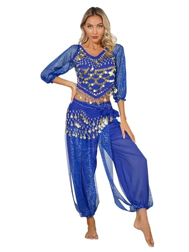 TiaoBug Damen Bauchtanz Kostüm Pailletten Langarm Crop Top und Pumphose mit Münze Quaste indisches Bollywood Tanz Kleidung Set Blau Einheitsgröße von TiaoBug