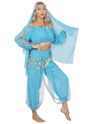 TiaoBug Damen Bauchtanz Kostüm Pailletten Langarm Crop Top und Pumphose mit Münze Quaste indisches Bollywood Tanz Kleidung Set Hellblau B Einheitsgröße von TiaoBug