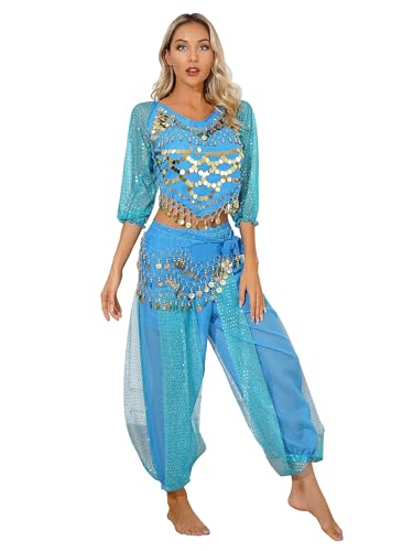 TiaoBug Damen Bauchtanz Kostüm Pailletten Langarm Crop Top und Pumphose mit Münze Quaste indisches Bollywood Tanz Kleidung Set Himmelblau Einheitsgröße von TiaoBug