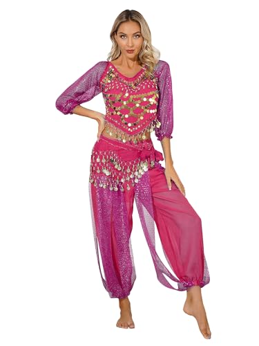 TiaoBug Damen Bauchtanz Kostüm Pailletten Langarm Crop Top und Pumphose mit Münze Quaste indisches Bollywood Tanz Kleidung Set Hot Pink Einheitsgröße von TiaoBug