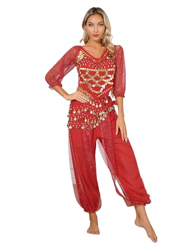 TiaoBug Damen Bauchtanz Kostüm Pailletten Langarm Crop Top und Pumphose mit Münze Quaste indisches Bollywood Tanz Kleidung Set Rot Einheitsgröße von TiaoBug