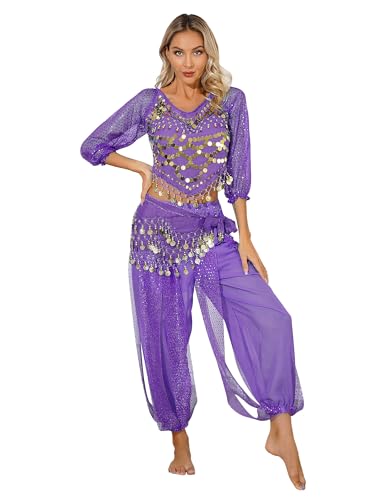 TiaoBug Damen Bauchtanz Kostüm Pailletten Langarm Crop Top und Pumphose mit Münze Quaste indisches Bollywood Tanz Kleidung Set Violett Einheitsgröße von TiaoBug