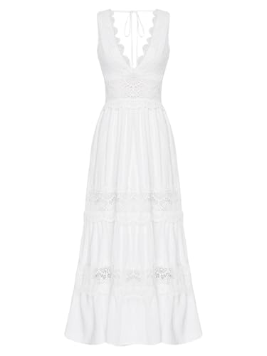 TiaoBug Damen Boho Spitzen Partykleider V-Ausschnitt Sommerkleid Strandkleid Festliche Kleider Ärmellose Maxi Lang Festkleider Strand Urlaub Outfits Weiß L von TiaoBug