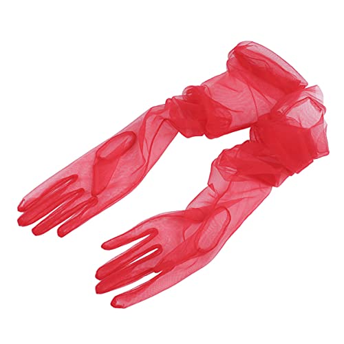 TiaoBug Damen Braut Lange/Kurze Handschuhe Hochzeit Arm Stulpen Brautstulpen aus Transparent Tüll elegante Party Cocktail Ball Accessoires Rot B One Size von TiaoBug