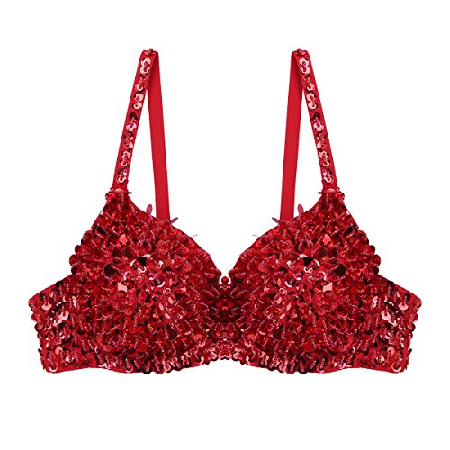 TiaoBug Damen Bügel BH glänzend Pailletten Party Top Bustier mit Glitzer Bra Bauchtanz Kostüm sexy Oberteil Clubwear Gogo Tanz Rave Outfits in 6 Farben Rot 34A-34B von TiaoBug