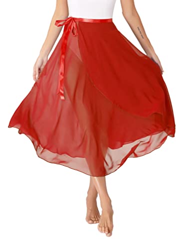 TiaoBug Damen Chiffon Ballett Rock Wickelrock Langer Tanzrock Maxi Röcke transparent Ballett Tanz Kostüm Bekleidung in 6 Farben Rot A Einheitsgröße von TiaoBug