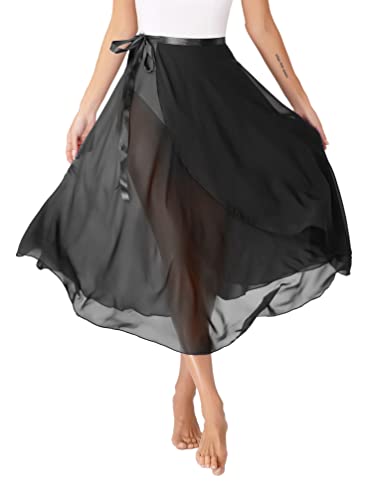 TiaoBug Damen Chiffon Ballett Rock Wickelrock Langer Tanzrock Maxi Röcke transparent Ballett Tanz Kostüm Bekleidung in 6 Farben Schwarz A Einheitsgröße von TiaoBug