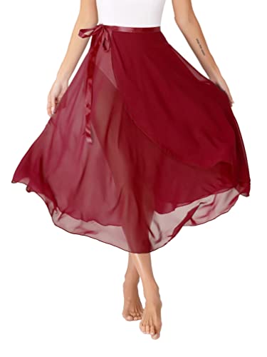 TiaoBug Damen Chiffon Ballett Rock Wickelrock Langer Tanzrock Maxi Röcke transparent Ballett Tanz Kostüm Bekleidung in 6 Farben Weinrot A Einheitsgröße von TiaoBug