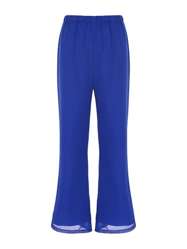 TiaoBug Damen Chiffon Hose Lang Festlich Anzughose Basic Einfarbig Tanzhose Dehnbund Sommerhose Regular Fit Stoffhose Modern Jazz Pants Königsblau XXL von TiaoBug