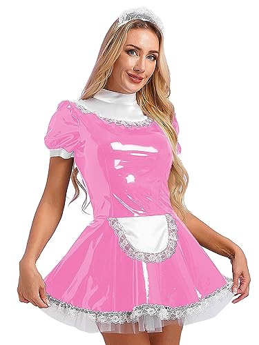 TiaoBug Damen Dienstmädchen Kostüm Wetlook Dessous Set Lack Leder Reizwäsche Mini Kleider + Satin Schürze + Spitzen Halsband Halloween Cosplay Outfits Rosa J 5XL von TiaoBug