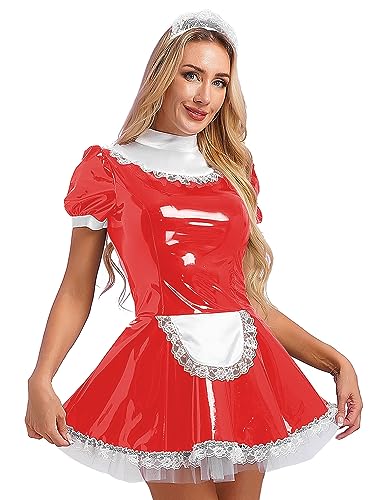 TiaoBug Damen Dienstmädchen Kostüm Wetlook Dessous Set Lack Leder Reizwäsche Mini Kleider + Satin Schürze + Spitzen Halsband Halloween Cosplay Outfits Rot J 3XL von TiaoBug