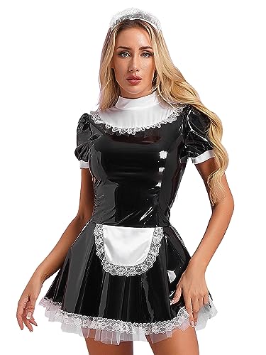TiaoBug Damen Dienstmädchen Kostüm Wetlook Dessous Set Lack Leder Reizwäsche Mini Kleider + Satin Schürze + Spitzen Halsband Halloween Cosplay Outfits Schwarz J 5XL von TiaoBug