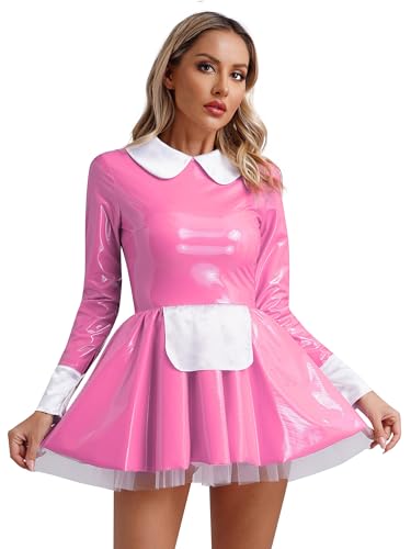 TiaoBug Damen Dienstmädchen Kostüm Wetlook Dessous Set Lack Leder Reizwäsche Mini Kleider + Satin Schürze Halloween Cosplay Outfits Rosa N 4XL von TiaoBug
