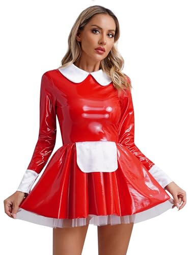 TiaoBug Damen Dienstmädchen Kostüm Wetlook Dessous Set Lack Leder Reizwäsche Mini Kleider + Satin Schürze Halloween Cosplay Outfits Rot N XL von TiaoBug
