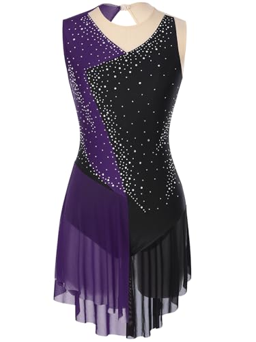 TiaoBug Damen Eiskunstlauf Kleid Ärmellos Eislaufen Rollschuh Kleid Farbblock Glitzer Ballettkleid Tanzkleid Gymnastik Body mit Volants Sport Bekleidung gr. S M L XL XXL Violett M von TiaoBug