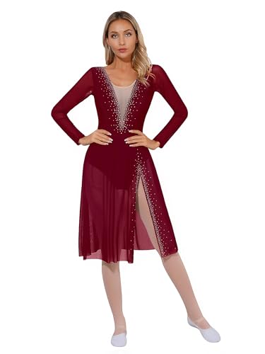 TiaoBug Damen Eiskunstlauf Kleid Rollschuhkleid Langarm Tanzkleid mit Farbblock Kürkleid Luftig Rock mit Schlitz Tanzbekleidung Burgundy XXL von TiaoBug