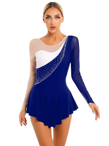 TiaoBug Damen Eiskunstlauf Kleider Langarm Ballettkleid Tanzkleider Ballett Tanz Gymnastik Body mit Faltenrock Bekleidung Royal Blau K XL von TiaoBug