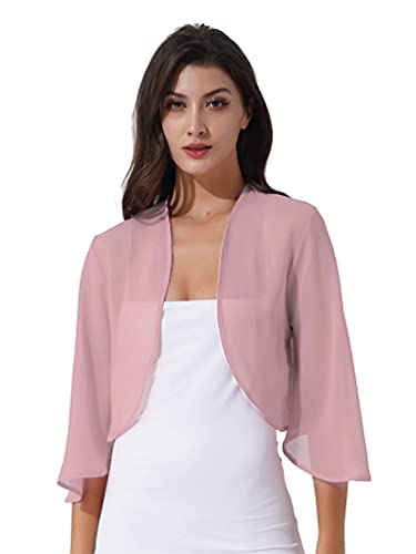 TiaoBug Damen Elegant Bolero Halbarm Chiffon Spitzen Jäckchen Cardigan Blazer offene transparent kurzes Oberteil Dunkel Pink P L von TiaoBug