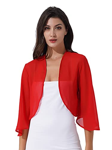 TiaoBug Damen Elegant Bolero Halbarm Chiffon Spitzen Jäckchen Cardigan Blazer offene transparent kurzes Oberteil Rot P XL von TiaoBug
