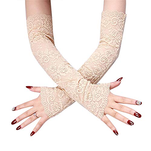 TiaoBug Damen Elegant Spitzen Handschuhe Ellenbogen lange Elastisch Handstulpen Brauthandschuhe Arm Stulpen Fäustlinge für Cosplay Oper Hochzeit Accessoires Beige One Size von TiaoBug