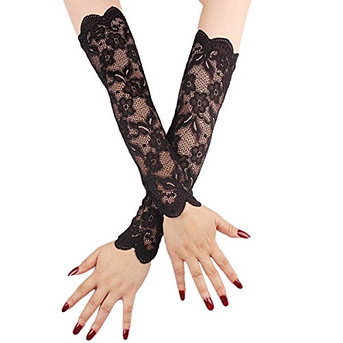 TiaoBug Damen Elegant Spitzen Handschuhe Ellenbogen lange Elastisch Handstulpen Brauthandschuhe Arm Stulpen Fäustlinge für Cosplay Oper Hochzeit Accessoires Schwarz A One Size von TiaoBug