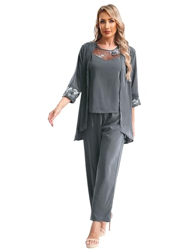 TiaoBug Damen Festlich Anzug Set Chiffon Tank Top + Langarm Cardigen + Lange Hose Weites Bein Anzughose Brautmutter Hosenanzüge für Hochzeit Grau XL TiaoBug Damen Festlich Anzug Set Chiffon Tank Top + Langarm Cardigen + Lange Hose Weites Bein Anzughose Brautmutter Hosenanzüge für Hochzeit Grau XL von TiaoBug