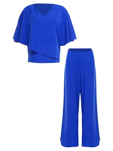 TiaoBug Damen Festlich Chiffon Anzug Set Kurzarm T-Shirt Tunika Top + Lange Hose Weites Bein Anzughose Brautmutter Hosenanzüge für Hochzeit Blau XL von TiaoBug