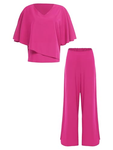 TiaoBug Damen Festlich Chiffon Anzug Set Kurzarm T-Shirt Tunika Top + Lange Hose Weites Bein Anzughose Brautmutter Hosenanzüge für Hochzeit Hot Pink S von TiaoBug