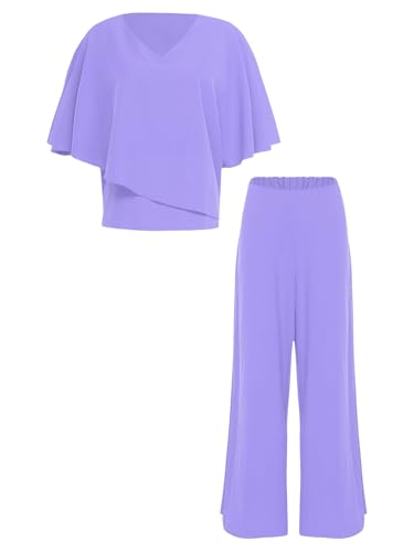 TiaoBug Damen Festlich Chiffon Anzug Set Kurzarm T-Shirt Tunika Top + Lange Hose Weites Bein Anzughose Brautmutter Hosenanzüge für Hochzeit Violett L von TiaoBug
