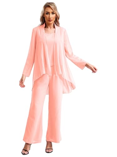 TiaoBug Damen Festlich Chiffon Anzug Set Tank Top + Langarm Cardigen + Lange Hose Weites Bein Anzughose Brautmutter Hosenanzüge für Hochzeit Rosa L TiaoBug Damen Festlich Chiffon Anzug Set Tank Top + Langarm Cardigen + Lange Hose Weites Bein Anzughose Brautmutter Hosenanzüge für Hochzeit Rosa L von TiaoBug
